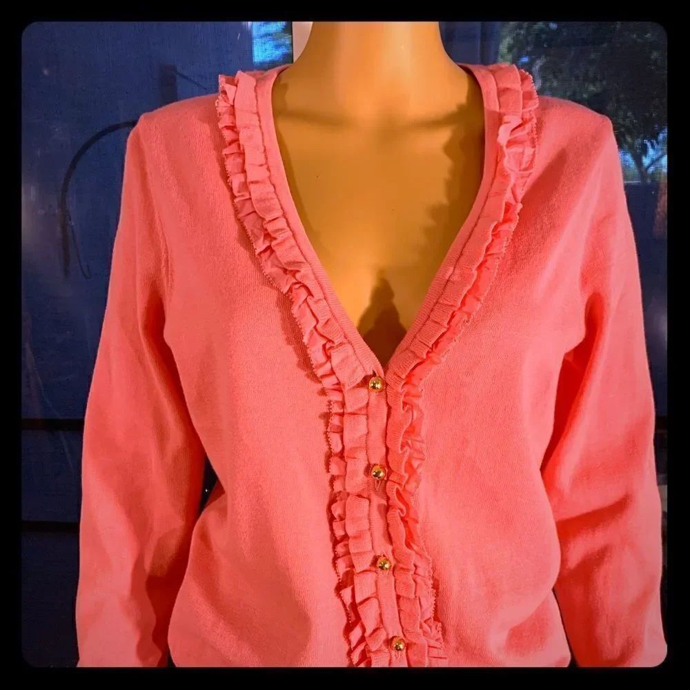 Liz Claiborne Orange Ruffled Collar Front V Neck Button Medium Woman’s Sweater